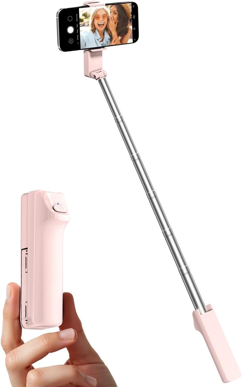 Viozon Portable Selfie Stick, Lightweight Extendable Stainless Steel Tube,All-in-One Compact Selfie Stick with Wireless Remote Compatible with 4-7" iPhone/Android Phones for Vlog/Travel/Filming, Pink - Image 1